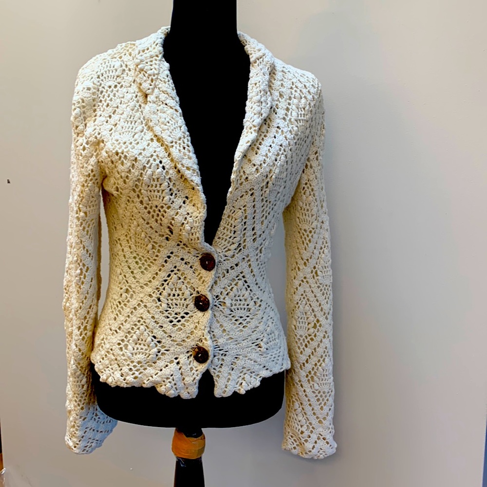Linen blend Crochet jacket /blazer. Fully lined. Hourglass. Sz 8